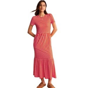 Boden Emma Tiered Jersey Midi Dress Womens Size 10 Orange Striped Pockets Casual